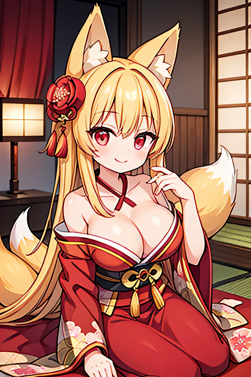 highest quality、smile、Big Breasts、Cleavage、Fox ears、Long blonde、Red Eye、kimono、Japanese-style room