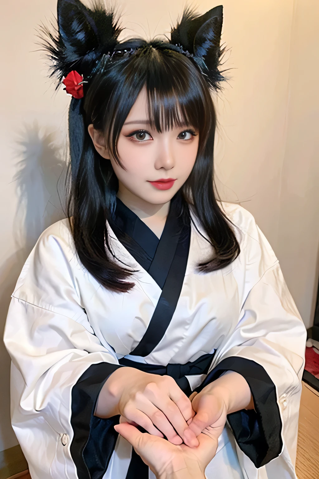 Highly detailed, High Quality, Masterpiece, beautiful, 1girl, IncrsHoldingHandsPov, holding hands, pov hands, IrysHolo, heterochromia, long hair, twintails, hair ornament, hair flower, wide sleeves, print kimono, obi, 