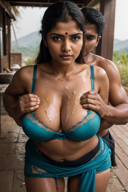 A scene in the wilderness of a valley reveals an Indian mother, the chief of a bandit group, enjoying the dominance of her position. The hot and humid night weather adds intensity to the atmosphere. The men, with a desire for satisfaction, can be seen squeezing her breasts tightly from behind as a sign of their loyalty and submission (men squeezing breasts tightly from behind Indian mother:1.3). The Indian mother, with a creative bend down pose, exudes strength and control (Indian mother as chief of bandits (creative bend down pose:1.2)). The worn-out old bras, soaked in oil, symbolize the bandits' rough and rugged lifestyle, with their clothes reflecting the hardships they face (clothes worn out by bandits (worn-out old bras) soaked in oil). Despite her intimidating presence, the Indian mother displays a beautiful face, captivating everyone around her. Her gigantic saggy breasts and bouncy buttocks, revealed by her open blouse, are a testament to her power and allure (beautiful face of Indian middle-aged woman, showing gigantic saggy breasts, bouncy buttocks, blouse revealing beautiful face and gigantic cleavage, soaked in oil, open blouse). Her big curvy strong body is both erotic and seductive, perfectly complementing her naughty facial expressions (big curvy strong body, erotic and seductive, naughty facial expressions). The traditional bandits' outfits, particularly their (bra) outfits, add a touch of cultural authenticity to the scene (traditional bandits' (bra) outfits). The wide-angle photography, captured through a prime lens, enhances the cinematic feeling of the moment, giving it a raw and powerful aesthetic (valley, wide-angle photography, prime lens cinematic, raw).