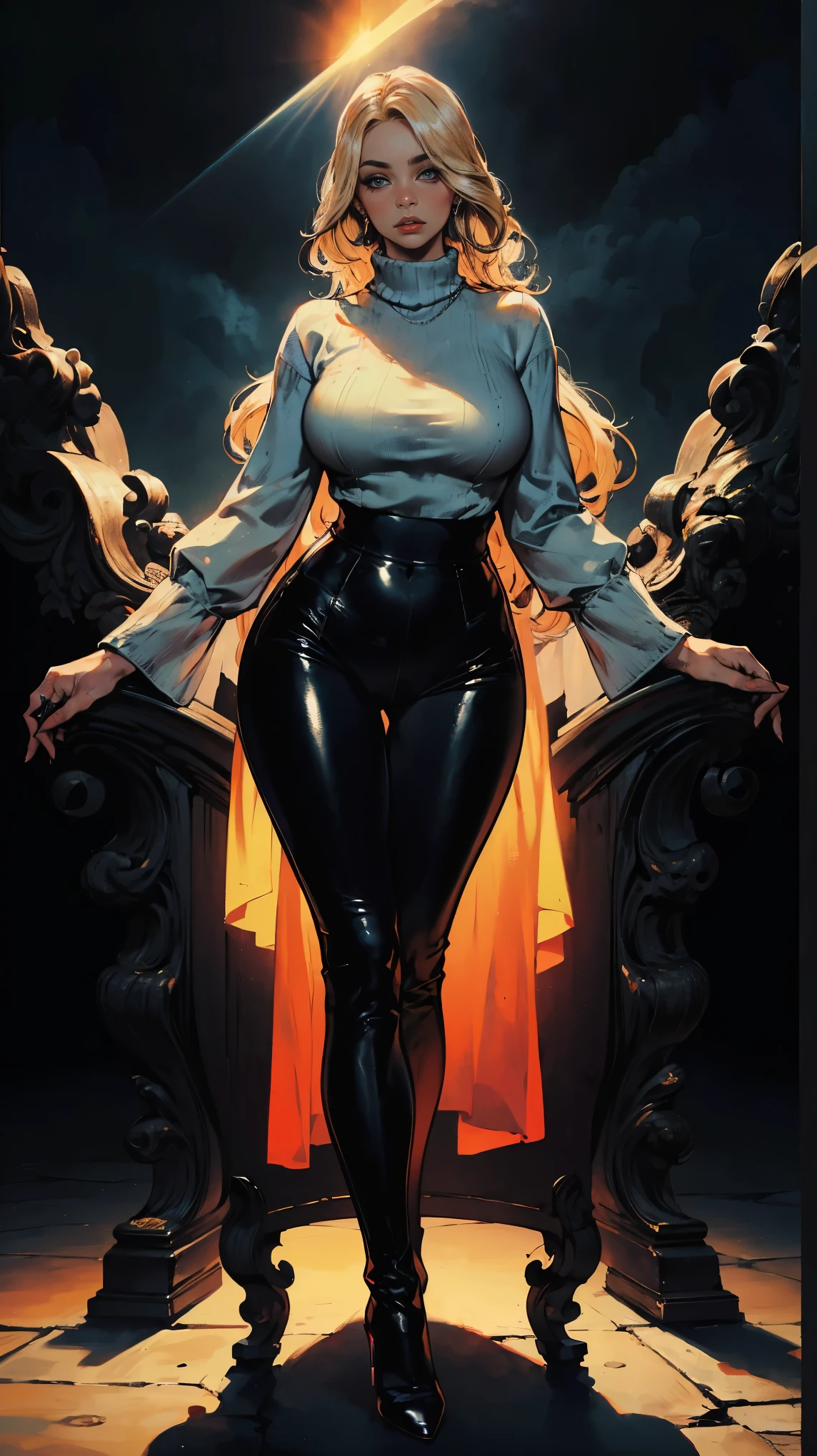 (Best quality, 4K, high resolution, masterpiece:1.2), ultra-detailed, realistic (photo-realistic:1.37), 40 years old, Russian woman, Matriarch of the Russian Mafia Gang, ambitious, elegance, calm, charming, intimidate, long wavvy golden blonde hair, sun-tan skin, expressive blue eyes, mature woman charms, seductive allure, perfect hourglass body shape, long toned legs, flat abs, perfectly round E cup breasts, very Tall, slim, with peachy hips, ((Wearing Long Sleeve Turtleneck sweater with matching black pants)), ((long lacquer high heel Boots)), Background featuring luxurious penthouse.