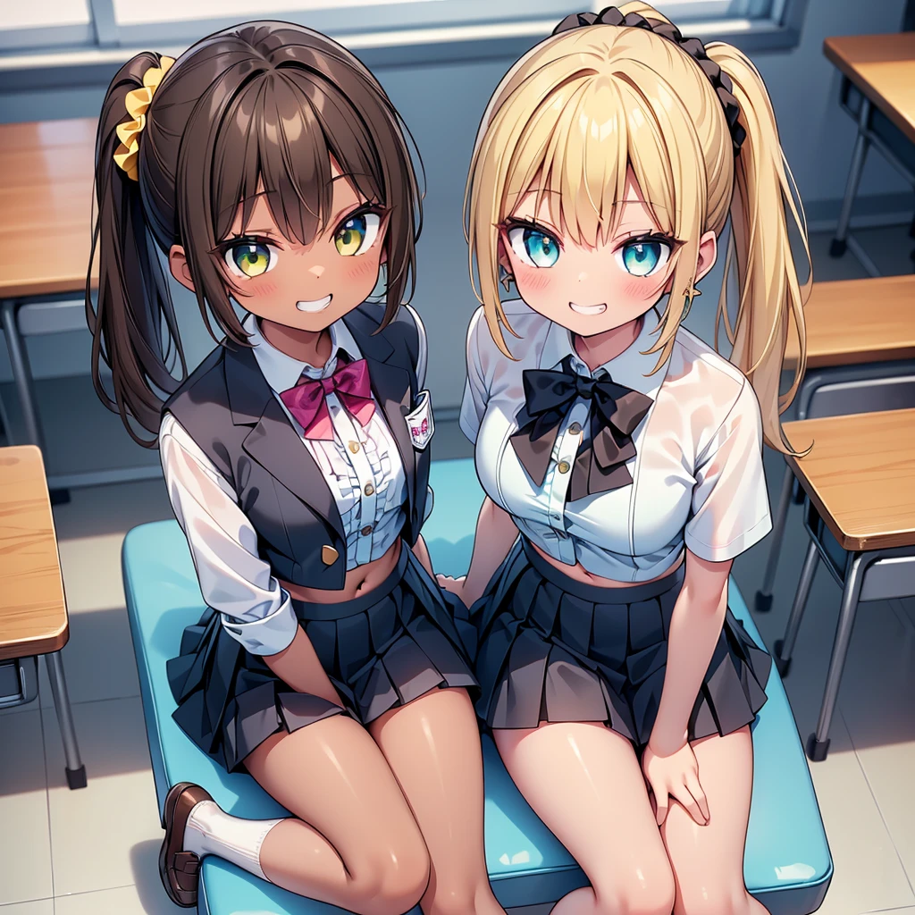 (cute eyes:1.2), (sparkling eyes:1.2), (8K、Best image quality、highest quality、masterpiece)、Detailed face、(2 girls)、Improve、((Brown Skin:1.3))、blonde、Low Ponytail、Scrunchie、Yellow Eyes、Earrings、Wicked Smile、((Grin))、 (skinny body:1.3), (small breasts)、((White collared shirt)), (crop top navel), Cleavage、((Black pleated skirt))、((mini skirt))、White socks、loafers、Sit on a chair、whole body、Taken from above、Classroom Background、 (black stockings:1.1), (Thighs:1.2), (Waistline),(from above:1.1)