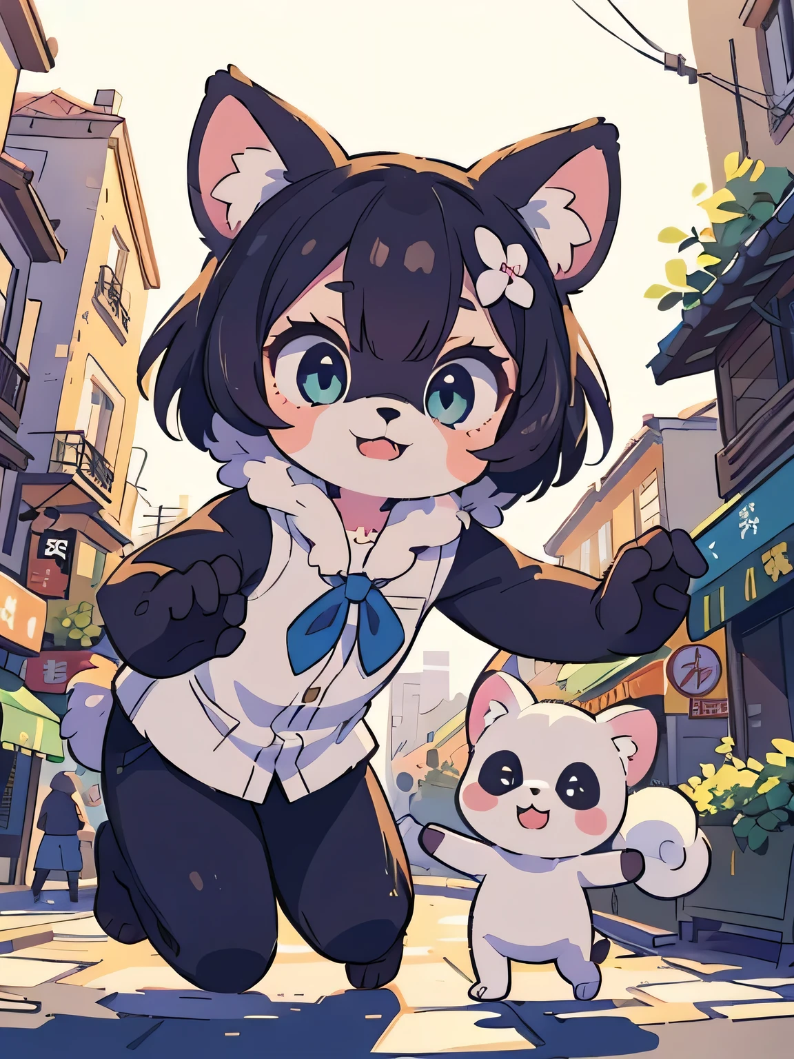 highest quality, highest quality, High-quality illustrations, masterpiece, Ultra-high resolution, Detailed Background, Streets of Paris, erupt, 7+girl, Absurd(Very beautiful face and eyes)Perfect Anatomy, performance, Good lighting, Shadows in the movies(kemono, Furry Personification)Various poses, Dynamic Angle,Make this into a panda