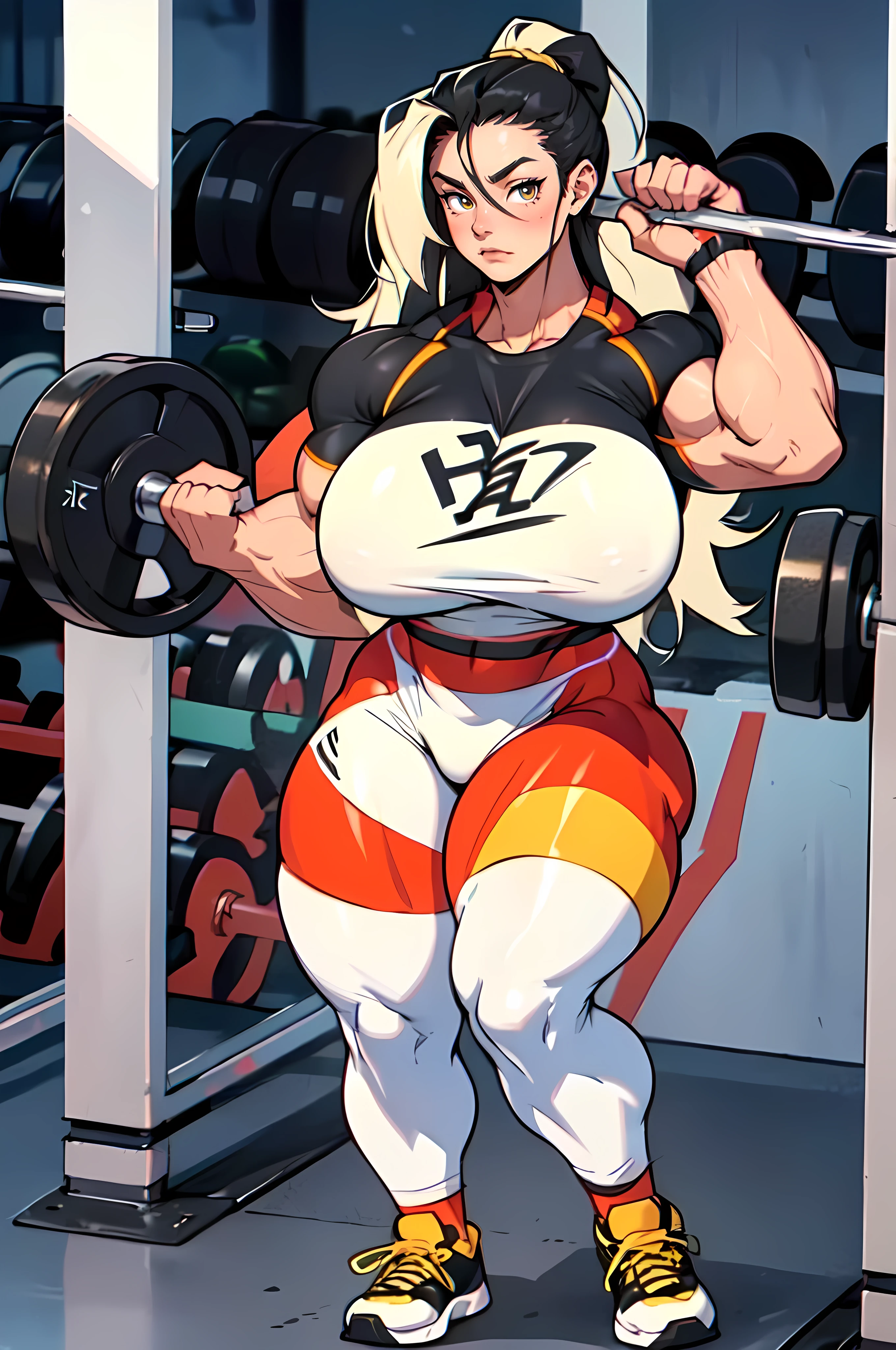 (((((massive female bodybuilder 1girl))))) ((((thick thighs toned body (massive huge breasts))))) (pale skin) black hair yellow eyes very long hair ((full body)) tight shirt tight pants
