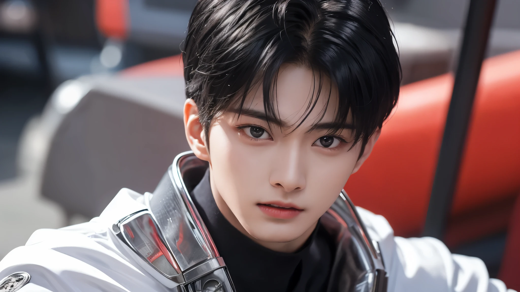 "Enjoy a visual feast as you witness the astonishing transformation of handsome 20-year-old Saitama, a being of unparalleled strength and captivating aura. With brilliant short-cut black hair and red eyes penetrating, this energetic person will surprise you."