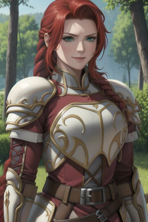 masterpiece, best quality, titania, braided ponytail, armor, red dress, belt, gauntlets, gloves, armored boots, upper body, furrowed brow, smile, forest, village, looking at viewer 