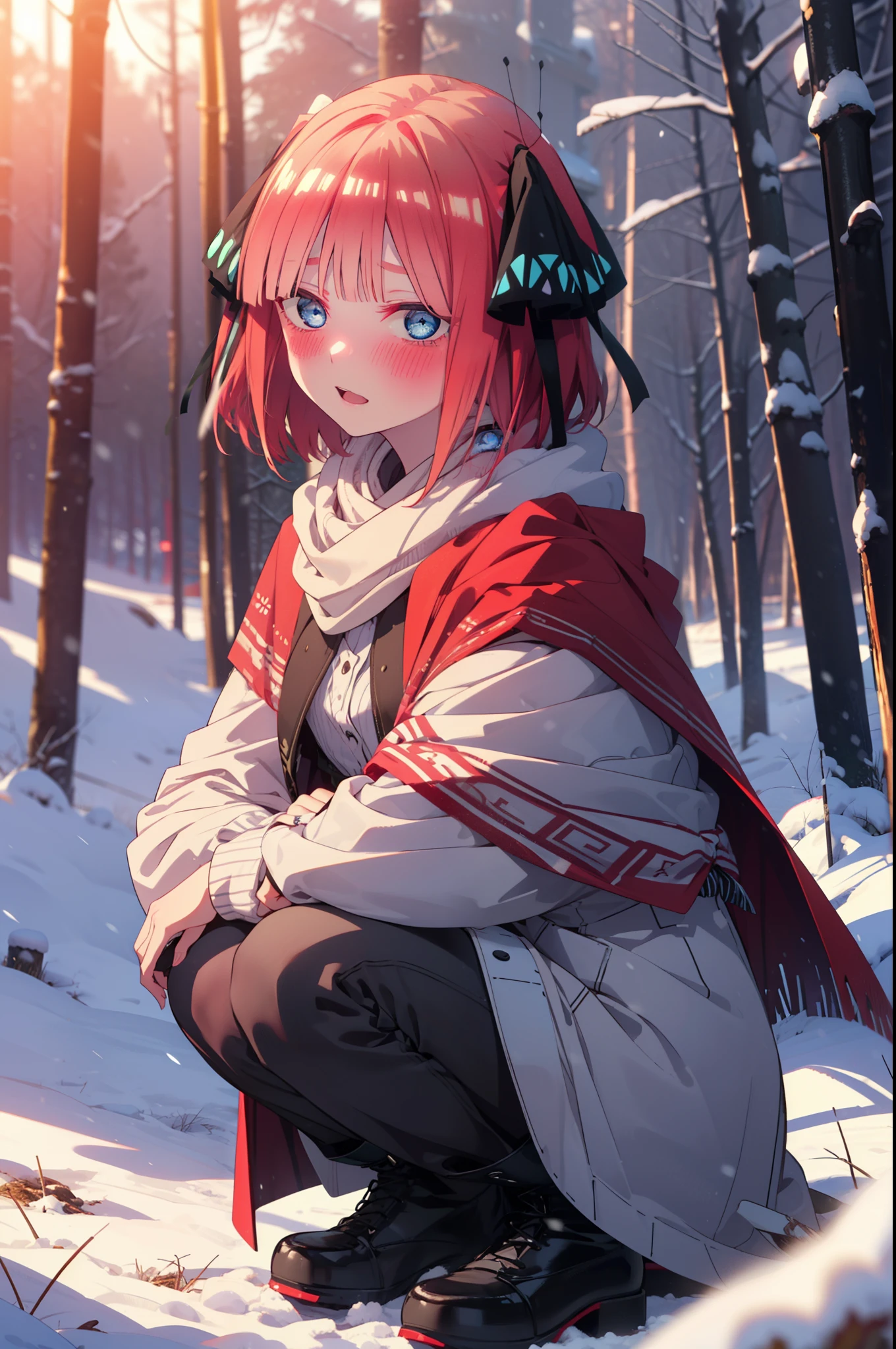 I was silent, Nino Nakano, short hair, bangs, blue eyes, hair ornaments, Hair Ribbon, Pink Hair, blunt bangs, Both sides up, butterfly hair ornaments,smile,blush,White Breath,
Open your mouth,snow,A bonfire on the ground, Outdoor, boots, snowing, From the side, wood, suitcase, Cape, Blurred, Increase your meals, forest, White handbag, nature, Squat, Mouth closed, フードed Cape, winter, Written boundary depth, Black shoes, red Cape break looking at viewer, Upper Body, whole body, break Outdoor, forest, nature, break (masterpiece:1.2), highest quality, High resolution, unity 8k wallpaper, (shape:0.8), (Beautiful and beautiful eyes:1.6), Highly detailed face, Perfect lighting, Extremely detailed CG, (Perfect hands, Perfect Anatomy),