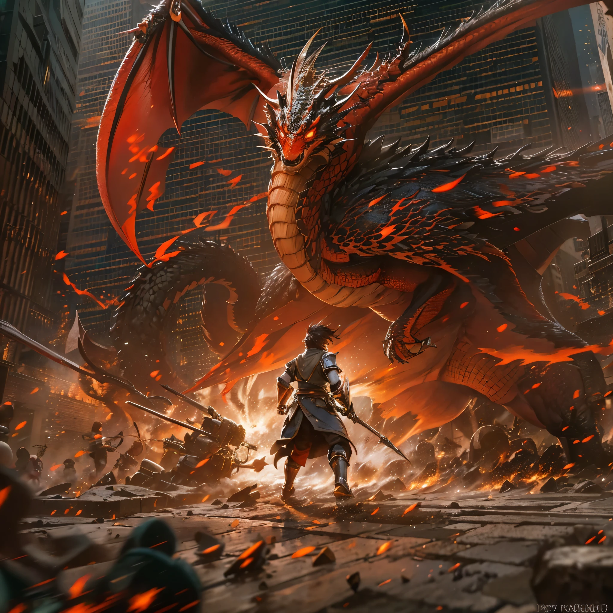 (high quality, 8k, 4K, high contrast, masterpiece: 1.2, 最high quality, best aesthetic), Shibuya crossing, post-apocalyptic, 1 man, focus, intense fight, fighting action pose, ((( Blur effect motion speed: 1.6))), destroyed Tokyo atmosphere, empty street scene, broken neon signs, depressing atmosphere, fast movement, ((motion blur on arms)), shadow assassin, assassinating an enemy , destroyed architecture, blood on the ground, less blood stained, evil energy, cinematic colors, dynamic settings, atmospheric perspective, epic lighting, (1vs1), (desenfundado), concept:Battle scene with a dragon. quality:(highest quality, 4k, High resolution, masterpiece:1.2), Super detailed, (fantasy art,oil:1.5), High quality artwork, delicate brushstrokes. composition:Bokeh, Dynamic composition, a powerful sense of movement, dungeons&inspired by dragons, The overall dramatic atmosphere of the scene, original composition, dutch angle, moving depiction. Subject information:(((Red Dragon:1.2, Giant Monsters))), large dragon with red scales, fierce battle, speed and adrenaline, atmosphere of battle. Other details:An illustration of a scene from a legendary RPG, Combat action in the dungeon, Billowing dust and smoke, Magical effects released by a wizard, (magic scroll), dynamic angle, Angry voice, powerful wave roar, luster, smooth aerodynamic shape, Battle maneuvers that require concentration, energetic atmosphere, The perfect balance of chaos and precision, thrill, a powerful sense of movement, Background Bokeh, 500㎜, f/4.0.