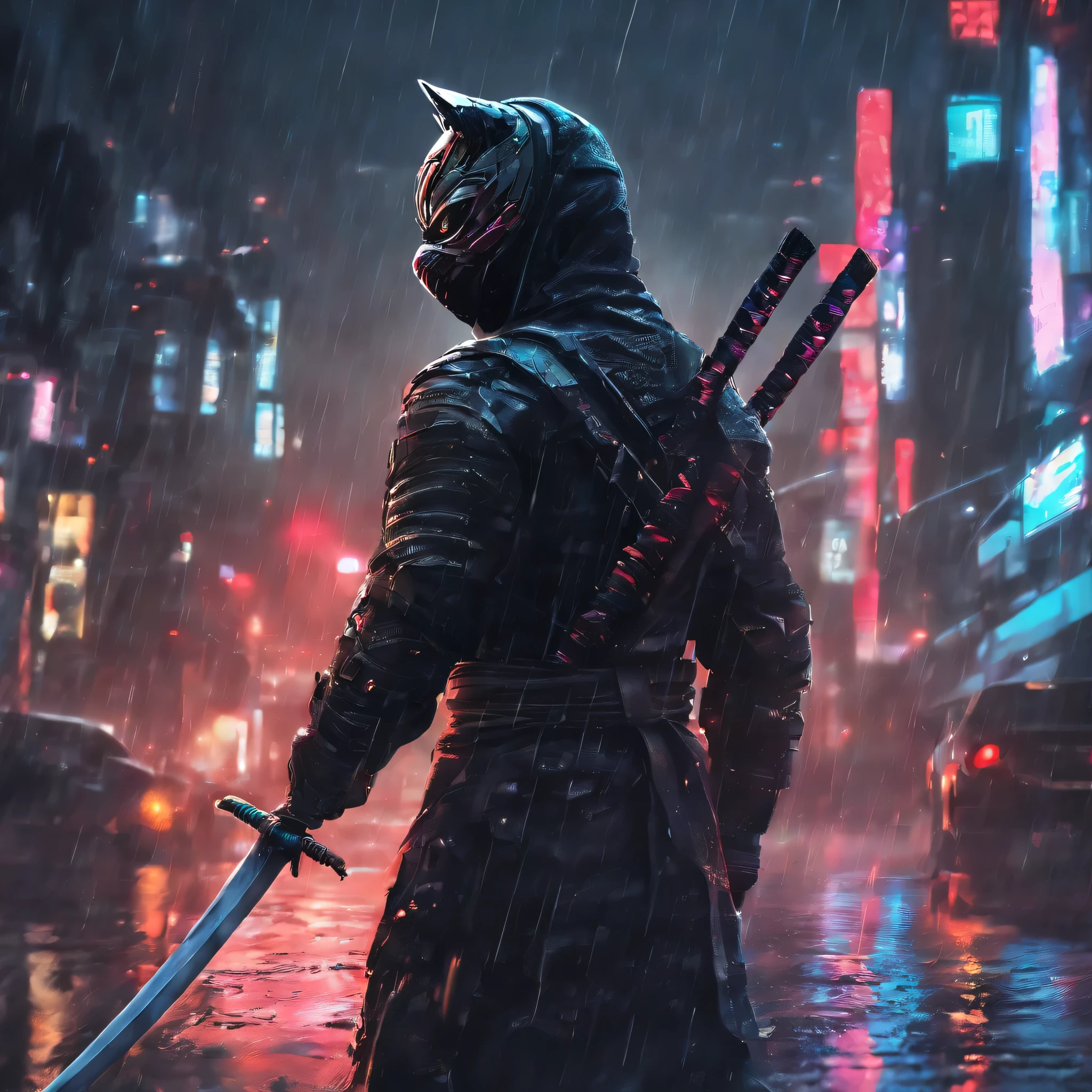 An epic 4K ((front view)) photo of a cat having human shaped body wearing a modern ((cyberized ninja outfit)) standing and looking down while ((holding a katana)) with one hand taking place in a rainy city at night 