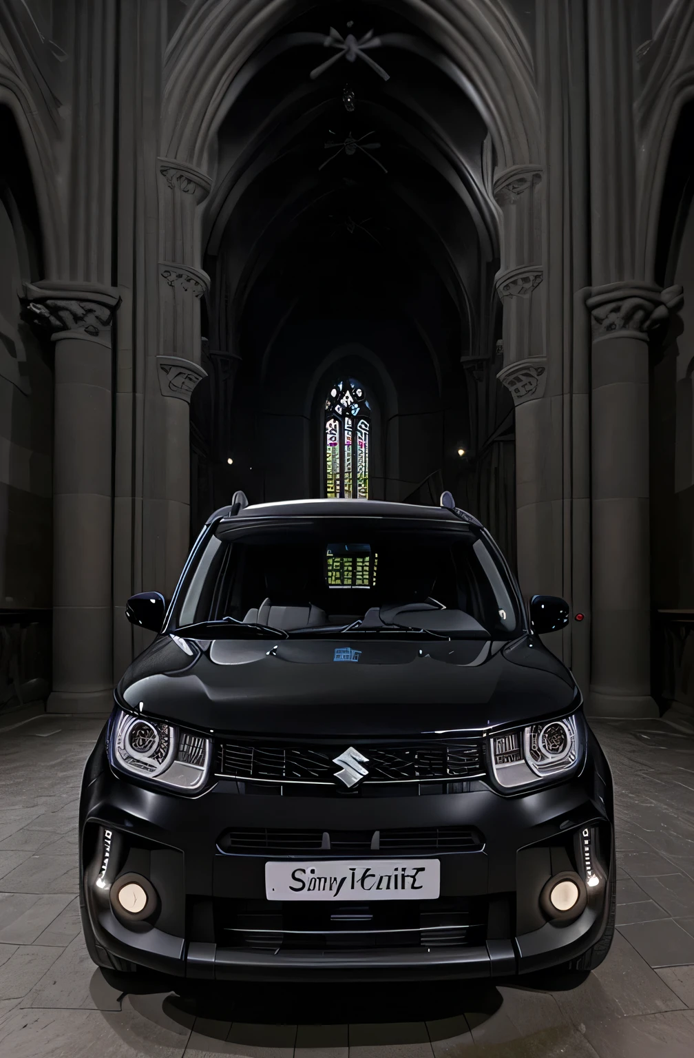 Suzuki ignis parked inside an old gothic sculptured church which have dark paints on the walls and the car must be in glossy black and also there must be a black cross in the background and it must be so realistic like in an exact church