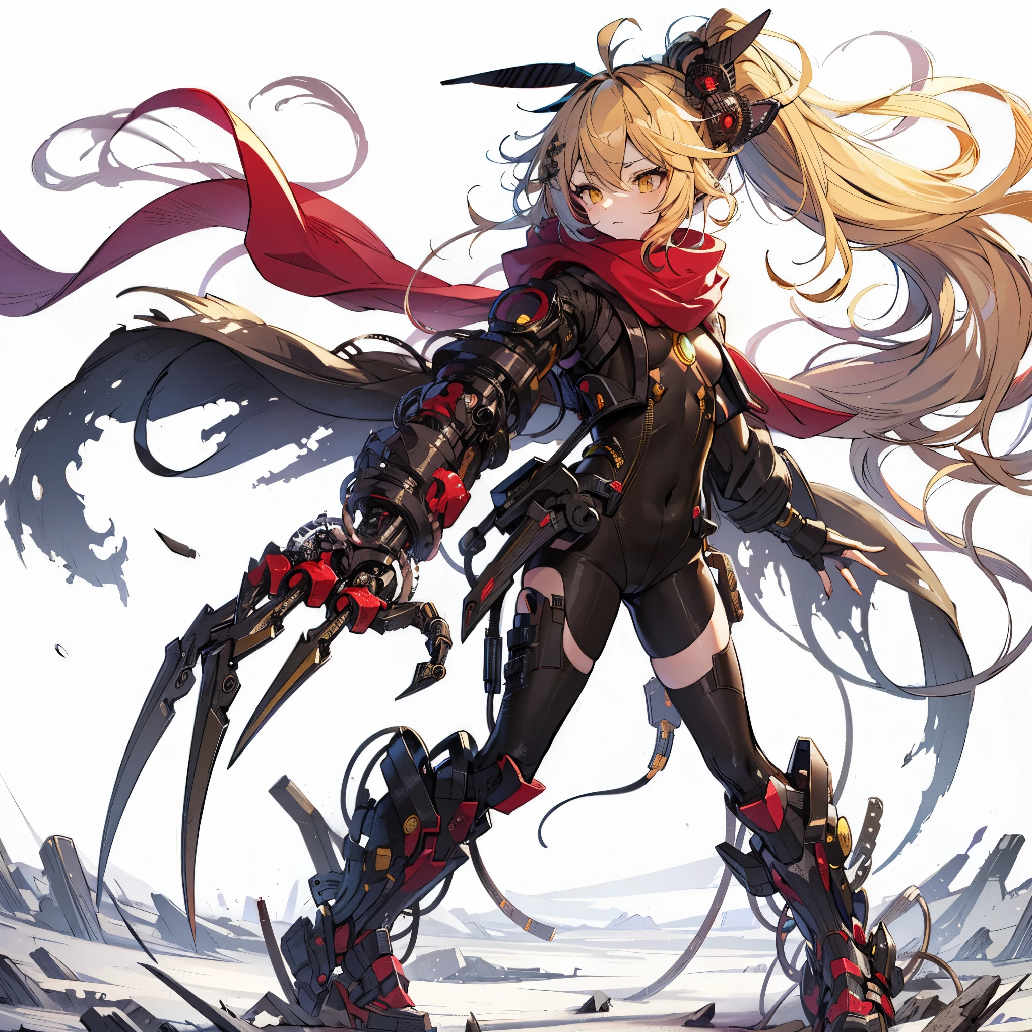 (Masterpiece, top quality), (detailed hair), super detailed, anime style, full body, solo, concept art, science fantasy-fighter girl, one topknot black hair mixed with yellow hair, gold eyes, right hand converted to cybernetic terrifying claw. cyber-suits, and red muffler, cyber horned, wearing long boots, white background, whole body, standing in wasteland,
