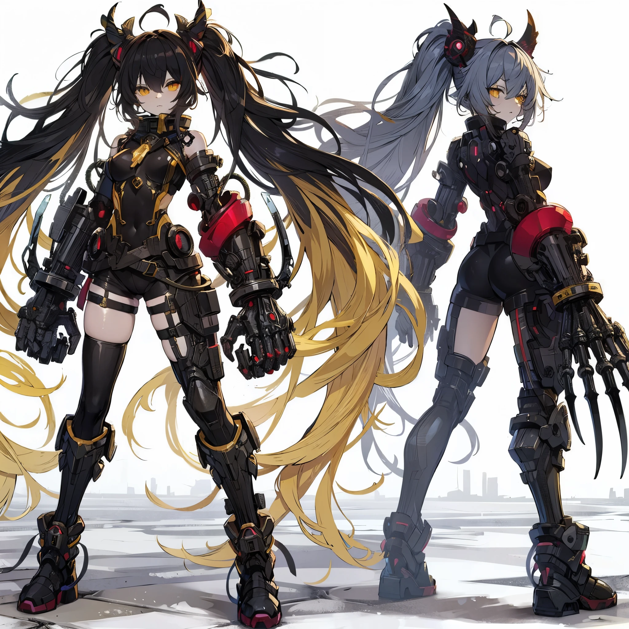 (Masterpiece, top quality), (detailed hair), super detailed, anime style, full body, solo, concept art, science fantasy-fighter girl, one topknot black hair mixed with yellow hair, gold eyes, right hand converted to cybernetic terrifying claw. cyber-suits, and red muffler, cyber horned, wearing long boots, white background, whole body, standing in wasteland,
