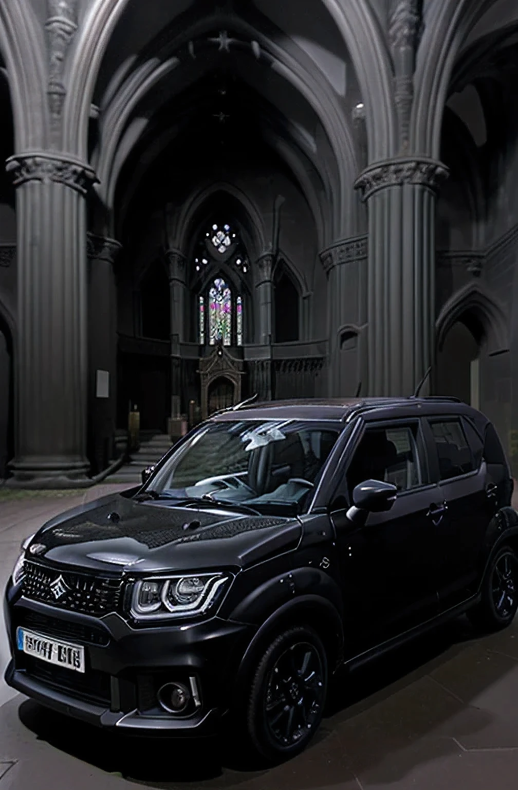 Suzuki ignis parked inside an old gothic sculptured church which have  dark paints on the walls and the car must be in glossy black and also there must be a black cross in the background and it must be so realistic like in an exact church 