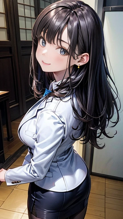 ((highest quality)), ((masterpiece)), (detailed), (Character Focus、breast focus), 8k, 4k, ((Symmetrical facial features)), Anime 2D Rendering, Realistic young anime woman,

One Girl: 1.5, 

((Symmetrical facial features)), (Beautiful fine details、Shining Eyes), Perfect Face, Beautiful clavicle,Beautiful body, Beautiful thighs, Beautiful feet, Beautiful , Perfect round , 
(Beautiful white skin:1.5), (Shiny skin:1.2), Slightly larger , 20-year-old, 

Beautiful Hair, Hair fluttering, bangs, Black Hair, (Long Curly Hair), 

 (((Three-piece suit))), (white collar dress shirt), (Blue suit vest:1.4), (((Suit jacket)))、(Blue pencil mini skirt:1.4)、(Black Pantyhose:1.4)、(Black High Heels)、
Earrings、Gold Necklace、

Captivating smile、look back, 
