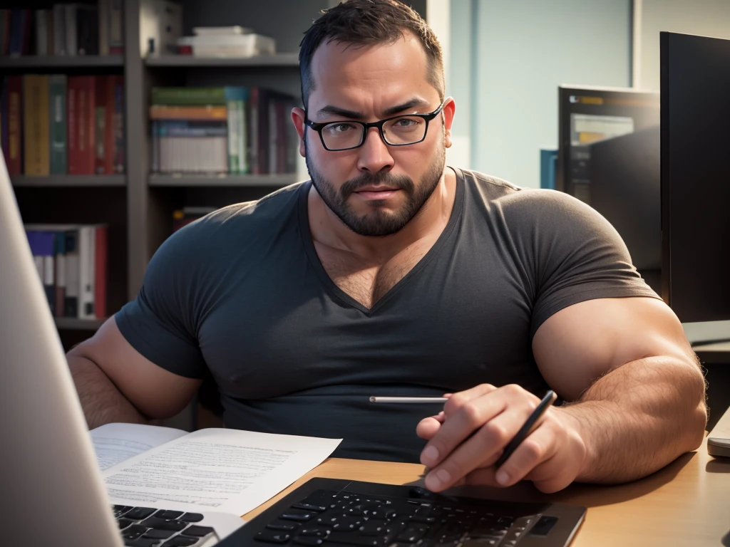 (40 years old daddy:1.1), 1boy, Solo, round face, short hair, brown eyes, beefy body, (big shoulders), big pecs, big pectorals, stubbles, Short beard, Beautiful eyes:1.3, (Detailed face:1.3), wearing glasses, Dynamic Angle, volumetric lighting, (Best quality, A high resolution, Photorealistic), Cinematic lighting, Masterpiece, RAW photo, stock photo, Intricate details, hdr, depth of field, working with the computer, many computer screens, a developer working in the company, in the work office, many people near him also working,