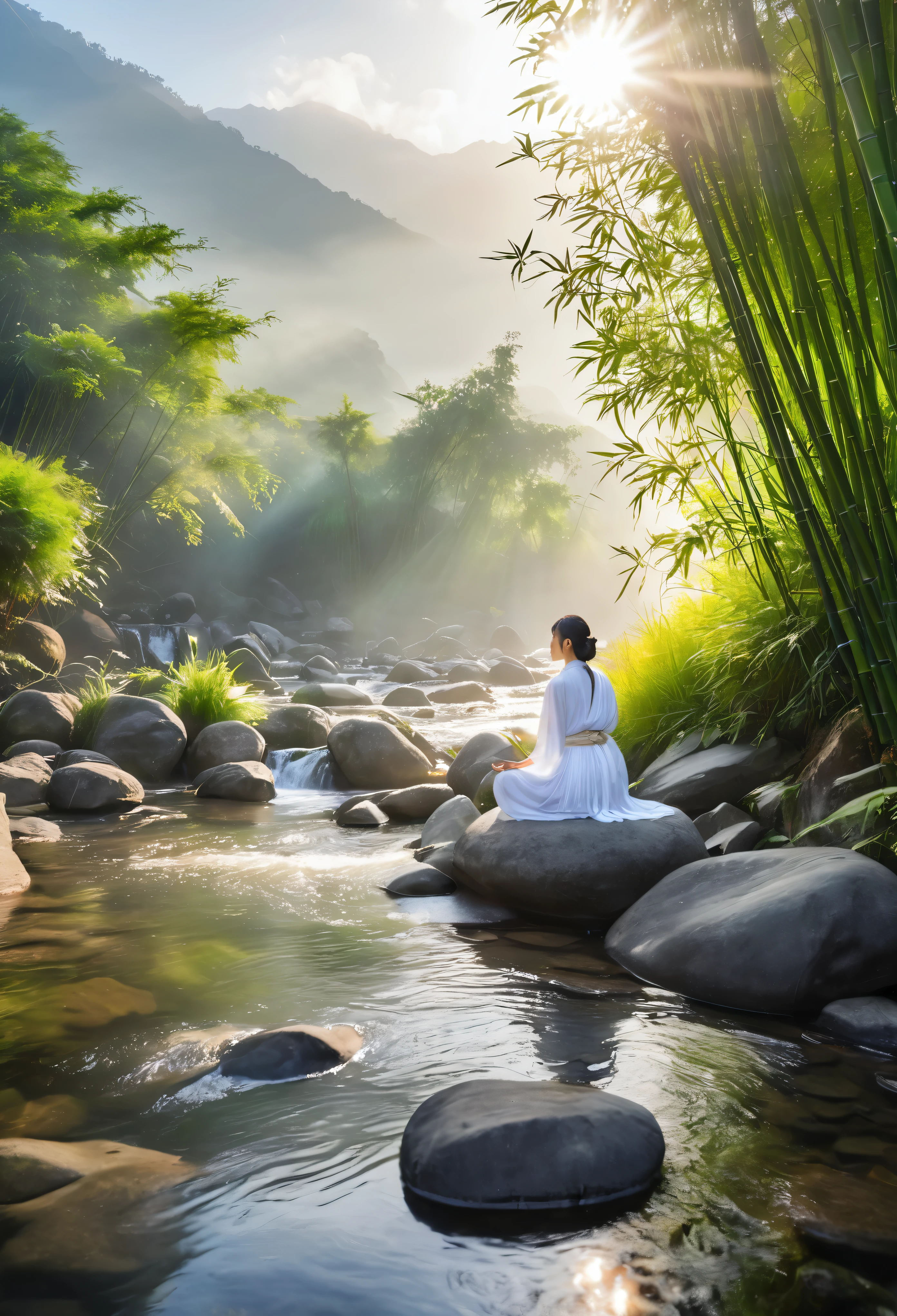 1 female,meditation,White gown,Sitting on a big rock in the middle of the stream,Mountains in the distance,The foreground is a tree,Bamboo and flower plants by the stream,calm,Morning Sunshine,it'it's foggy,