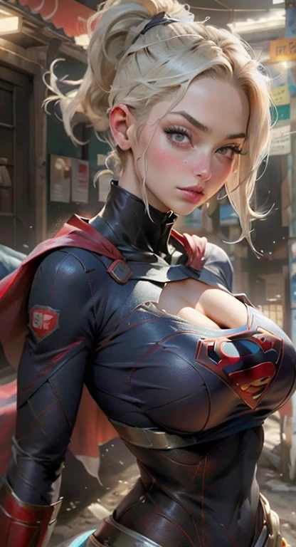 (melhor qualidade)), ((obra-prima)), ((realista)), (detalhado), Ino Yamanaka, rosto detalhado,supergirl Linda mulher (30 anos de idade, cabelos longos caindo nos olhos e loira, olhos azuis) corpo definido, white bandages around the abdomen, capa vermelha, detalhado , Supergirl,((( huge breasts)))