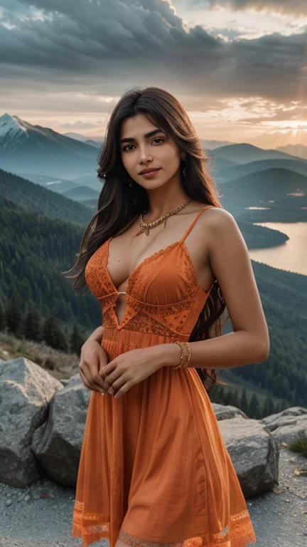 8K ultra hd, masterpiece, Best quality, 1 indian girl, beautiful face, light smile, very long hair, hair ornaments, detailed eyes, small breasts, very beautiful dress, orange dress, orange lace, criss-cross strap dress, jewelry, clouds and mountain background, high resolution, Dramatic lighting, blurred foreground, attractive poses,