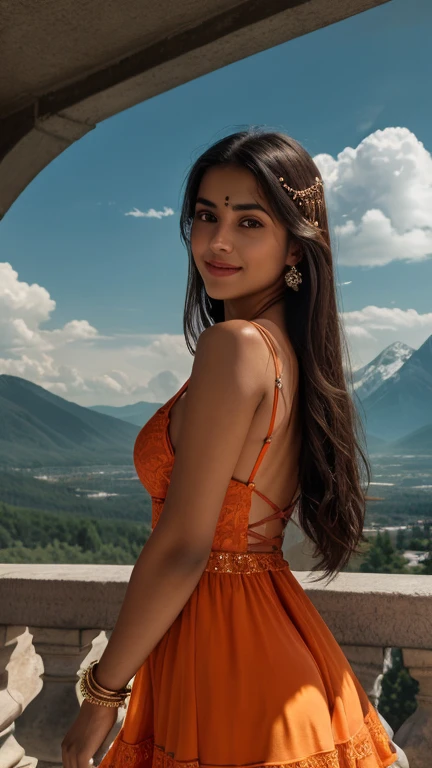 8K ultra hd, masterpiece, Best quality, 1 indian girl, beautiful face, light smile, very long hair, hair ornaments, detailed eyes, small breasts, very beautiful dress, orange dress, orange lace, criss-cross strap dress, jewelry, clouds and mountain background, high resolution, Dramatic lighting, blurred foreground, attractive poses,
