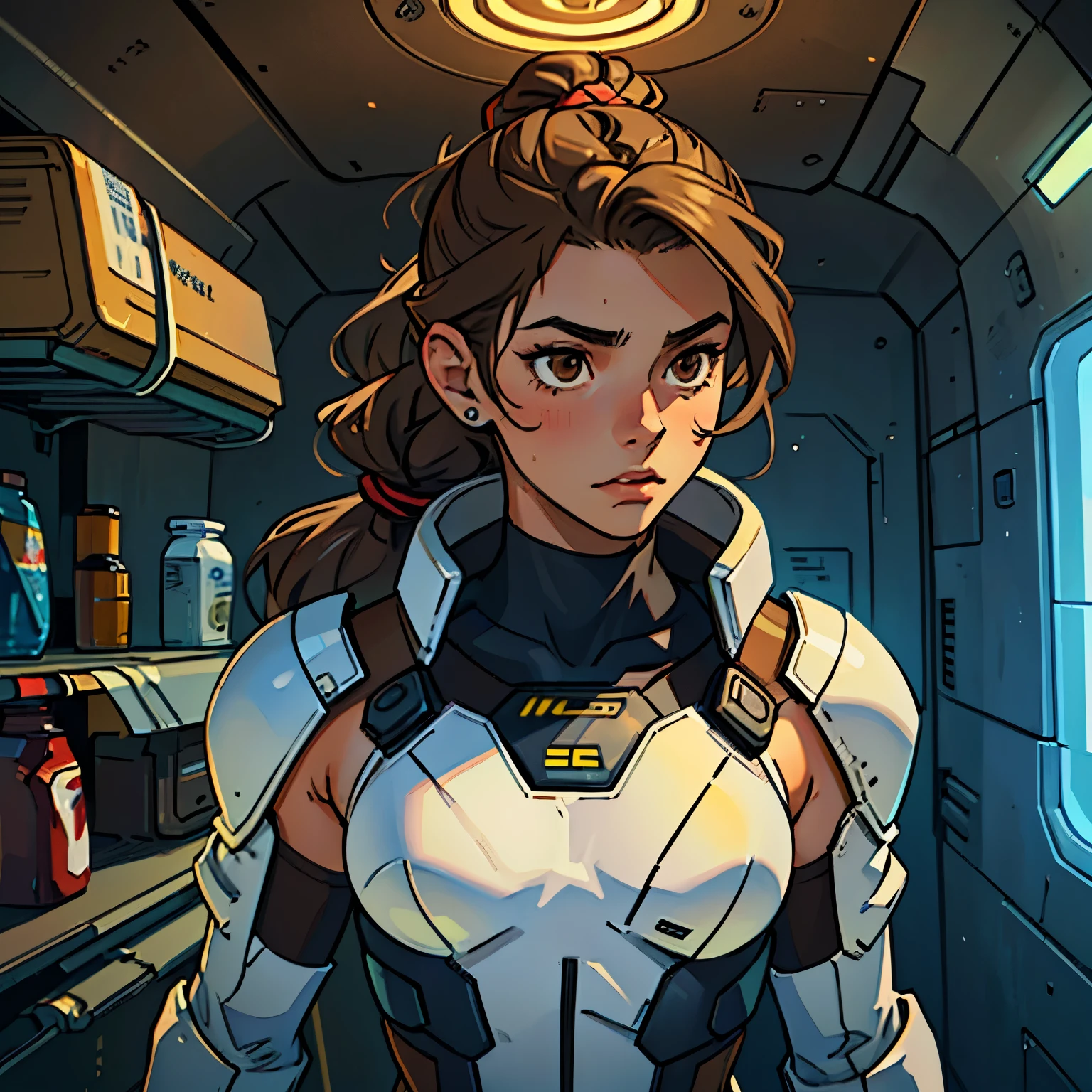 (Caucasian teenager), 18 years old, brown eyes, (wavy brown hair), (hair tied back), medium hair, small medium breasts. She wears a white sci-fi suit, bare shoulders, solo, in futuristic shelter, HD 4K