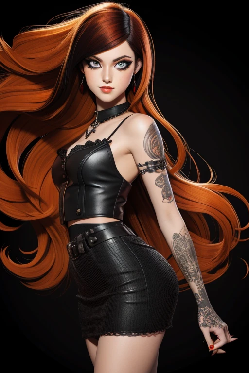 Orange long hair Emo Pin up Girl, Black Faux, Lustrous zomp eyes, Striking a pose, natural make up.