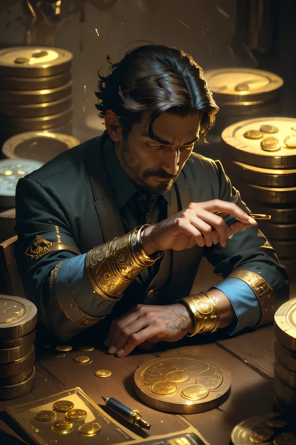 ((Best quality)), ((masterpiece)), ((realistic cartoon)), ((perfect character)), ((portrait)):Piles of gold coins,Dynamic pose, greedy accountant counting coins in a banking vault, pile of coins, a lot of money, money, cash, flying money, coins, money, smirk. The scene is set in a thematically rich environment. The lighting, crafted with a cinematic touch, emphasizing aura surrounding the genius happy discovery.

Every element of this masterpiece is carefully designed to create a sense of realism and immersion. The intricacies of the accountant clothes, the mesmerizing effects of his wealth, and the level of detail in his happy face all contribute to a captivating visual experience. This artwork is presented in stunning UHD resolution, allowing you to appreciate every nuance and intricacy in breathtaking detail.
From the side, scenic, masterpiece,mtg art,magic the gathering art.