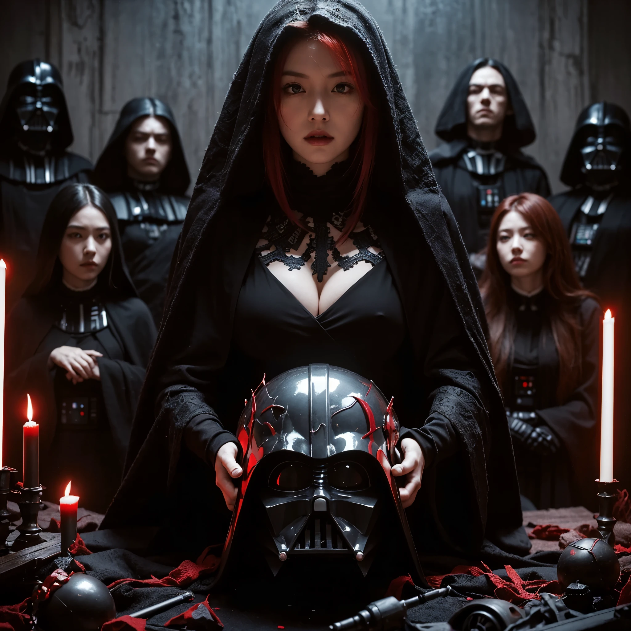 (very sharp result, full body desaturated photo) (((textile shading))), (((Best Quality))), (((masterpiece))) (((hyper realistic photo))) in starwars universe, dark atmosphere, backlight full body sith high priestess japanese girl in black cult hoodie, black victoria secret brassiere with lace element inside, big breast, cleavage, pale skin, piercings, mysterious sinister bright red eyes (she is holding broken crushed darth vader helmet) red hair, sit at the centre of ritual altar, surrounded by high priestesses