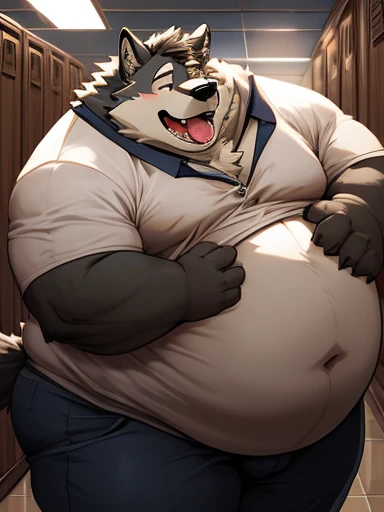 Obese, Chubby , male , furry, fluffy, salivating , wet,  kissing , Hug , climaxing face , clothes, wet clothes, sexual, daddy boss wolf, fat, big ass, fat butt, obese fat belly, big belly, obese belly, hugging with love, Grab belly fat.
(Extremely Romantic atmosphere, masterpiece) , tight work attire, tight white shirt, black tie, very tight shirt, big belly, very fat belly, belly to belly, sweating, locker room, dark, night time, no light, belly to belly, Grab belly fat, very obese, very fat, very huge fat belly, duo anthro obese daddy boss wolf.