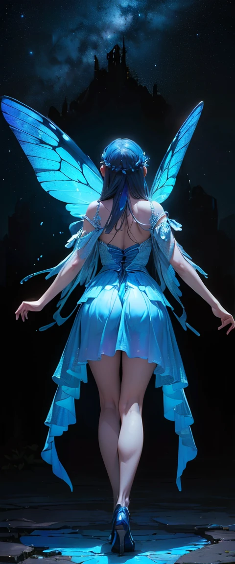 ((masterpiece, highest quality, Best image quality, High resolution, Realistic, RAW Photos, 8k)), ((Highly detailed CG synthesis 8k wallpaper)), A blue butterfly dancing in the starry sky, Giant butterfly wings seen from behind, (Blue Glowing Wings), Blue wings shining in the dark night, Fluttering summer dress,