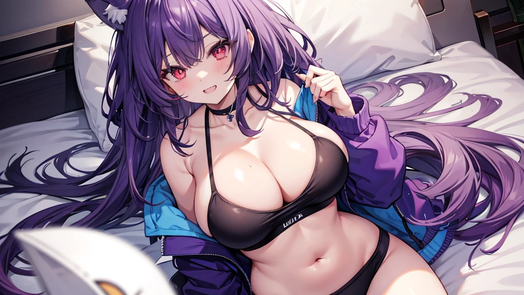 Wolf Girl, Large Breasts, Voluminous, messy purple hair, masterpiece , Red eyes, hd, Head to Chest, Put in your chest、 tooth、Double teeth,, On the bed、Thick thighs、Grinning、Grey sports bra、Big Tits、Open your mouth