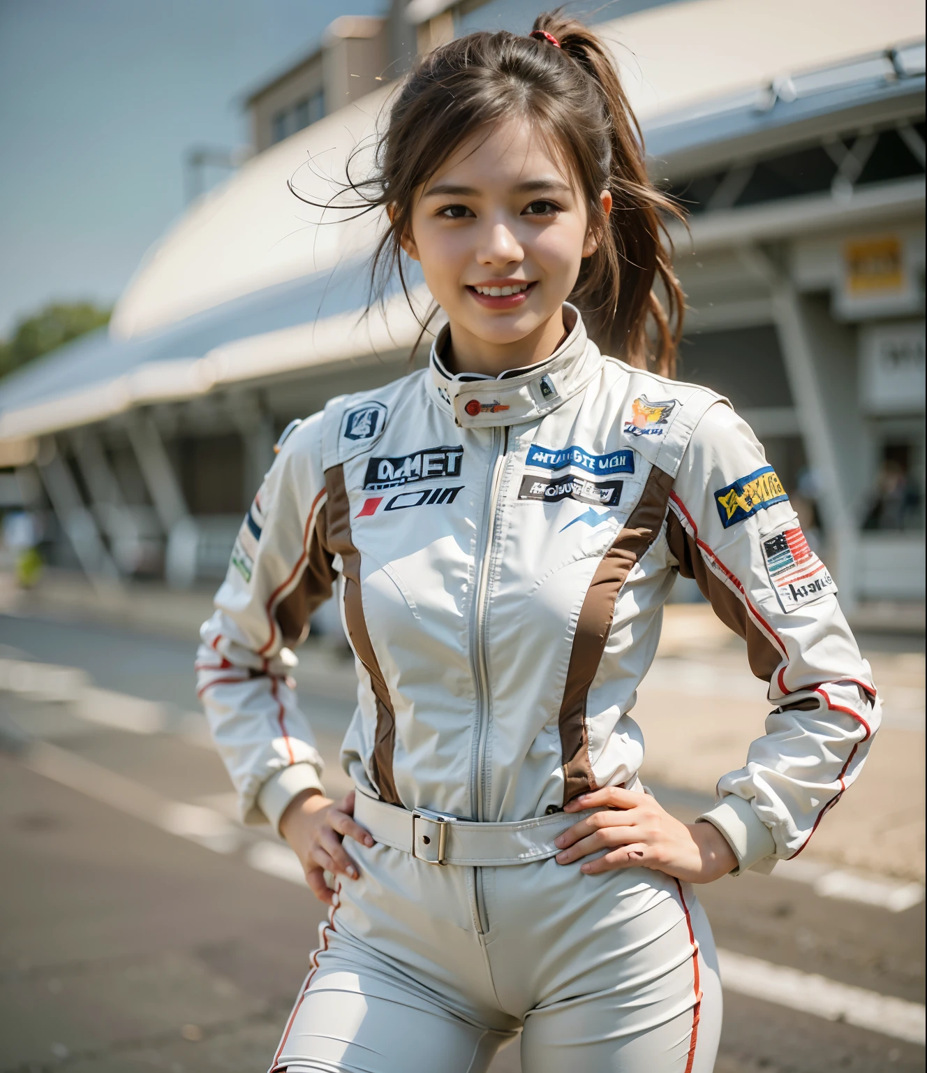 highest quality,masterpiece,Ultra-high resolution,(Photorealistic:1.4),(One girl),1 female,20 years,(Are standing),(White racing suit),smile,(Brown short hair),ponytail(Ultra-detailed human face),(Very delicate teeth), Outdoor,(orbit),Pit Road,Race Car,