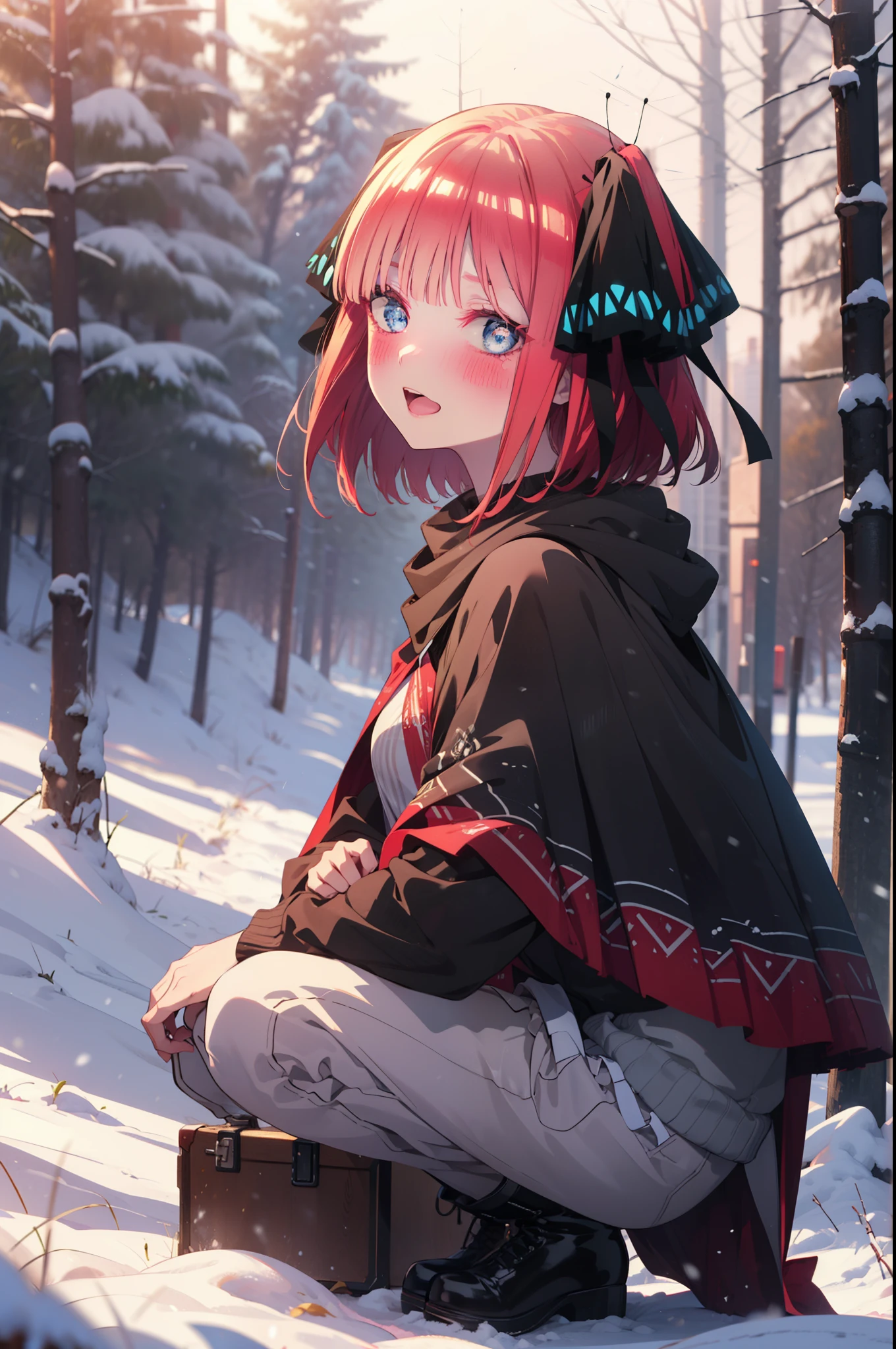 I was silent, Nino Nakano, short hair, bangs, blue eyes, hair ornaments, Hair Ribbon, Pink Hair, blunt bangs, Both sides up, butterfly hair ornaments,smile,blush,White Breath,
Open your mouth,snow,A bonfire on the ground, Outdoor, boots, snowing, From the side, wood, suitcase, Cape, Blurred, Increase your meals, forest, White handbag, nature,  Squat, Mouth closed, フードed Cape, winter, Written boundary depth, Black shoes, red Cape break looking at viewer, Upper Body, whole body, break Outdoor, forest, nature, break (masterpiece:1.2), highest quality, High resolution, unity 8k wallpaper, (shape:0.8), (Beautiful and beautiful eyes:1.6), Highly detailed face, Perfect lighting, Extremely detailed CG, (Perfect hands, Perfect Anatomy),