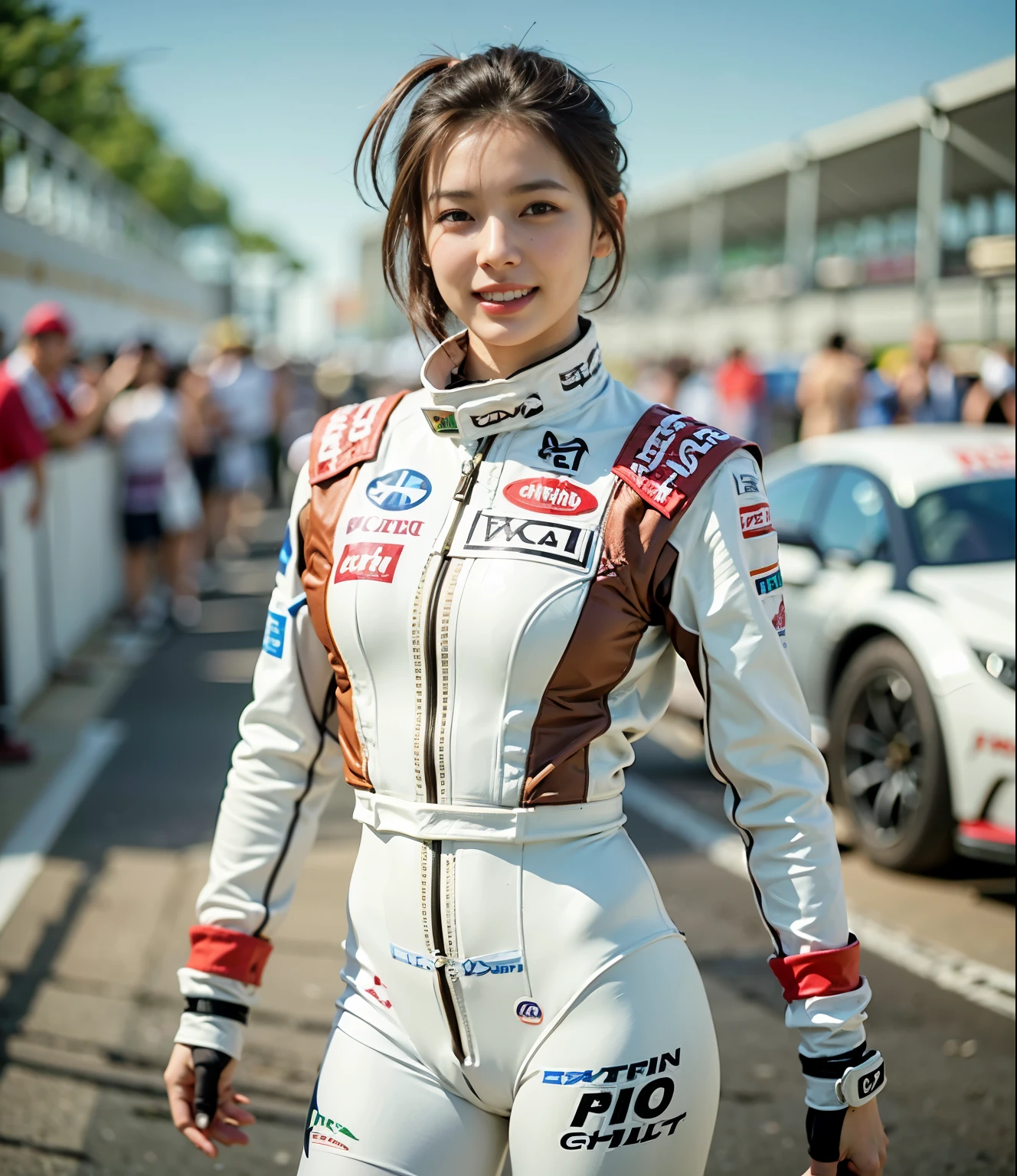 highest quality,masterpiece,Ultra-high resolution,(Photorealistic:1.4),(One girl),1 female,20 years,(Are standing),(White racing suit),smile,(Brown short hair),ponytail(Ultra-detailed human face),(Very delicate teeth), Outdoor,(orbit),Pit Road,Race Car,