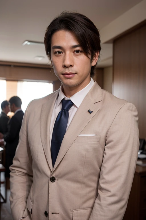 Realistic , Handsome Japan Businessman Navy Suit Pink tie whole body