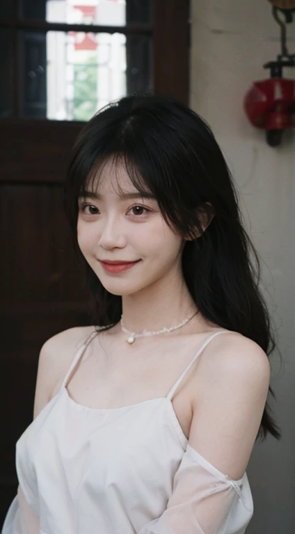 best quality， Ultra high resolution， （realistically：1.4），cute hair clip，Bao Yu girl，standing in the wedding room，Wearing a white wedding dress.，（The flattest：1.2） ，Clear and moving peach blossom eyes,Royal Sister，sunshine on face，Big curly hairstyle，（choker necklace：1.2），（Beautiful skin：1.4），feeling of atmosphere，beautiful woman， smile，Heading directly towards the viewer， close rift ，(realistic:1.4),1 girl,sexy,(upper body:1.4),(wet body),(:1.2)