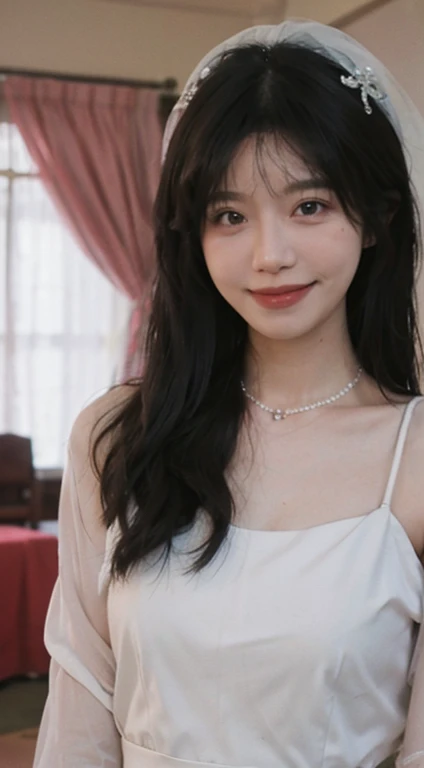 best quality, Ultra high resolution, (realistically:1.4),cute hair clip,Bao Yu girl,standing in the wedding room,Wearing a white wedding dress.,(The flattest:1.2) ,Clear and moving peach blossom eyes,Royal Sister,sunshine on face,Big curly hairstyle,(choker necklace:1.2),(Beautiful skin:1.4),feeling of atmosphere,beautiful woman, smile,Heading directly towards the viewer, close rift ,(realistic:1.4),1 girl,sexy,(upper body:1.4),(wet body),(:1.2)