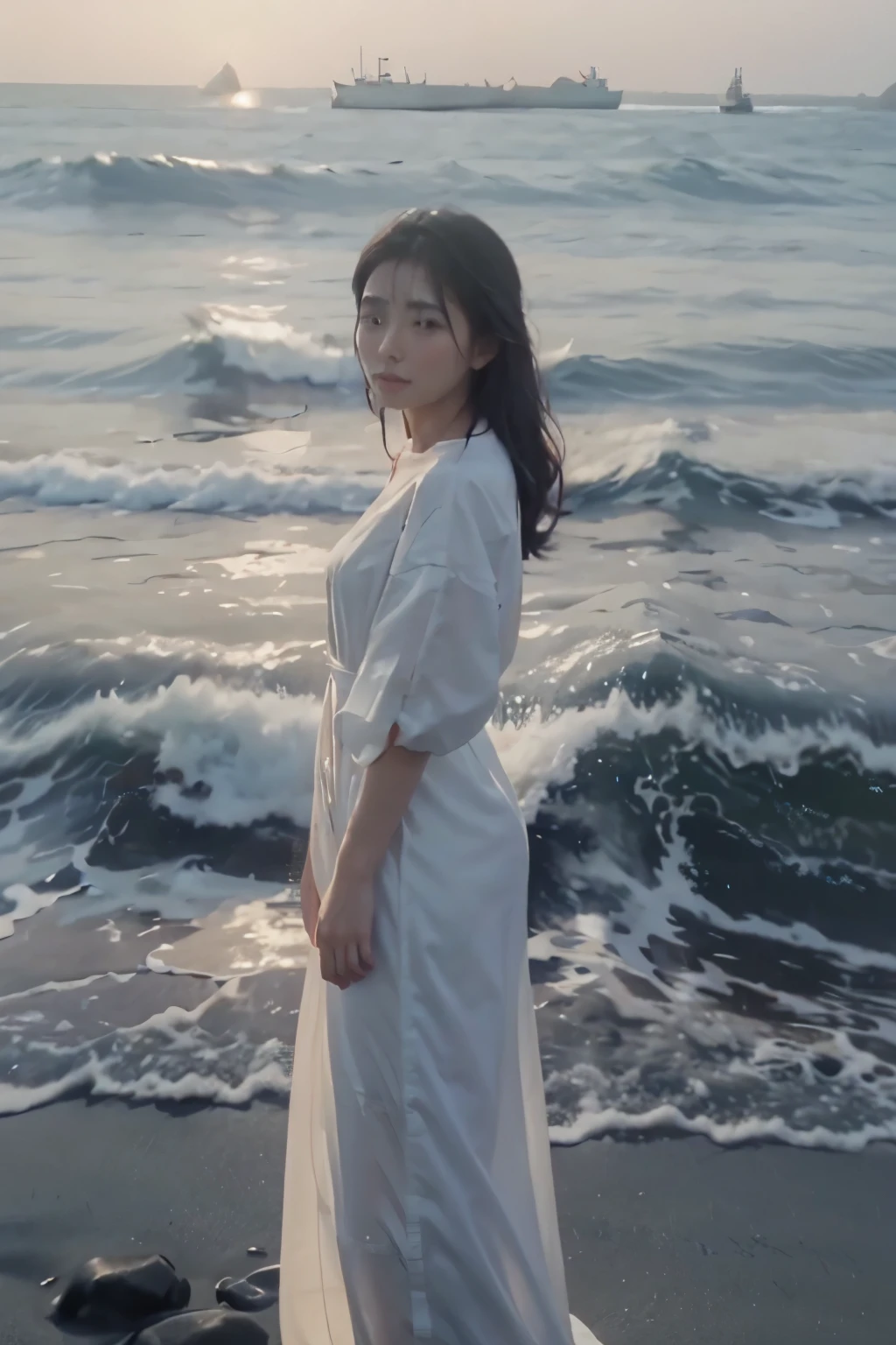 beautiful women in white dress, standing by the ocean and staring at the sunset, realistic face, realistic body, 