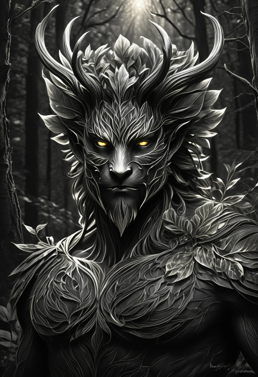 black pencil shading, charcoal drawing, tinted paper, pencil drawing, brutal dark b/w color scheme,
Poster, close-up, full body, shadow art, macro shot of a glowing forest spirit, leafy appendages outlined with light veins, eyes of a deep, mysterious glow among the foliage.