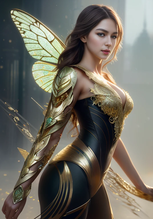 ((Full body shot of stunning beauty woman)),8k portrait of beautiful cyborg with brown hair, sharp green eyes, intricate, elegant, highly detailed, majestic, digital photography, art by artgerm and ruan jia and greg rutkowski surreal painting gold butterfly filigree,, fairy wings, broken glass, (masterpiece, sidelighting, finely detailed beautiful eyes: 1.2),