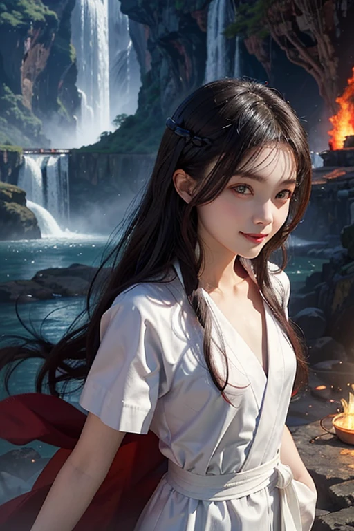 、woman、whole body、Evil Smiley Face, Red eyes, Iris, Small breasts、White robes、waterfall