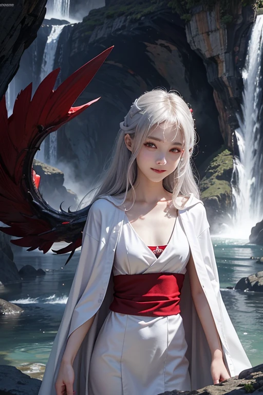 15 years old、woman、whole body、Evil Smiley Face, Red eyes, Iris, Small breasts、White robes、waterfall