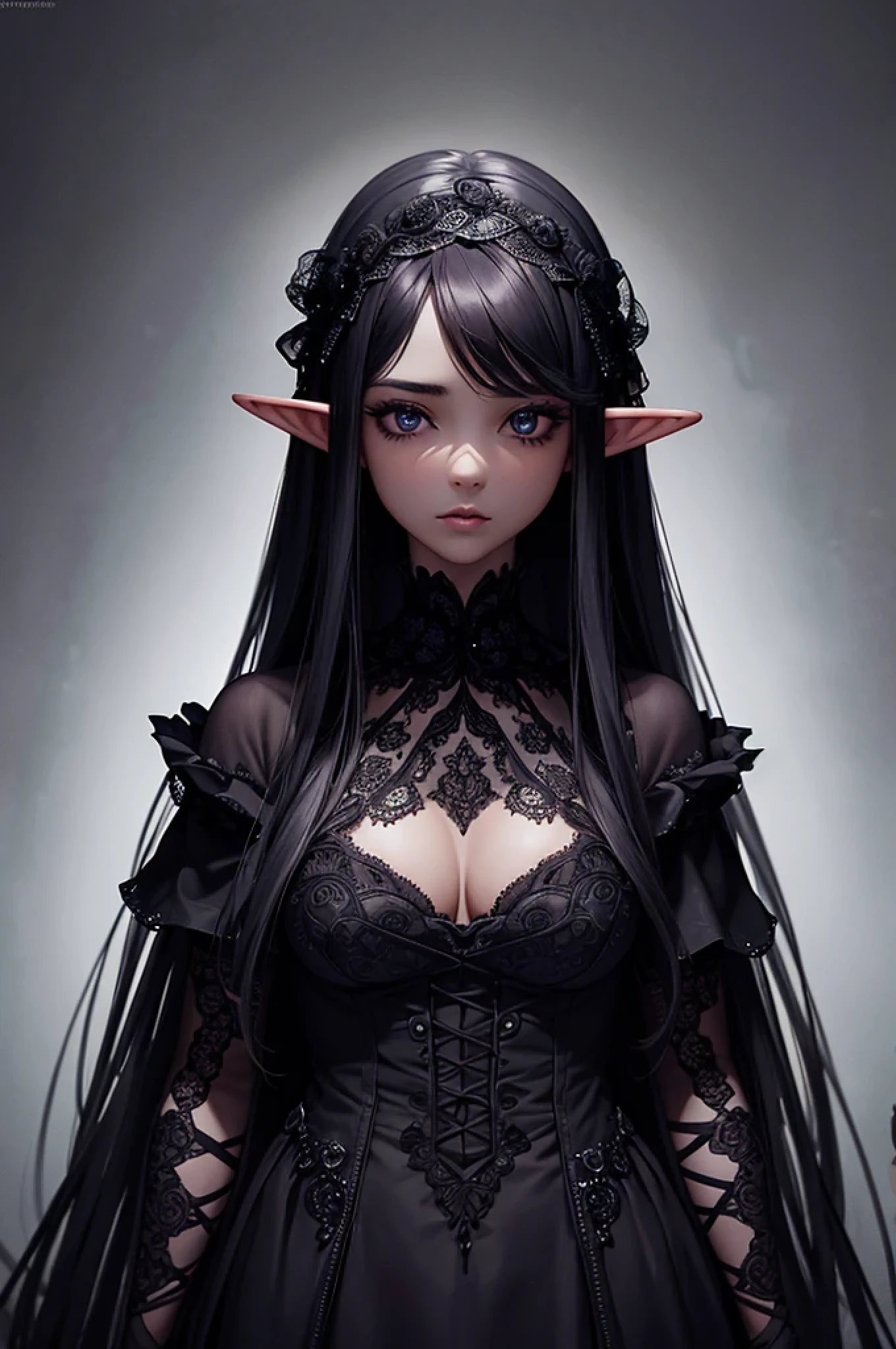 masterpiece), best quality, expressive eyes, perfect face, black skin  and bioluminicens, dark background, elf, HD
black lace outfit, gothic style, delicate and discreet, beautiful, very beautiful, magical, intricate and detailed background