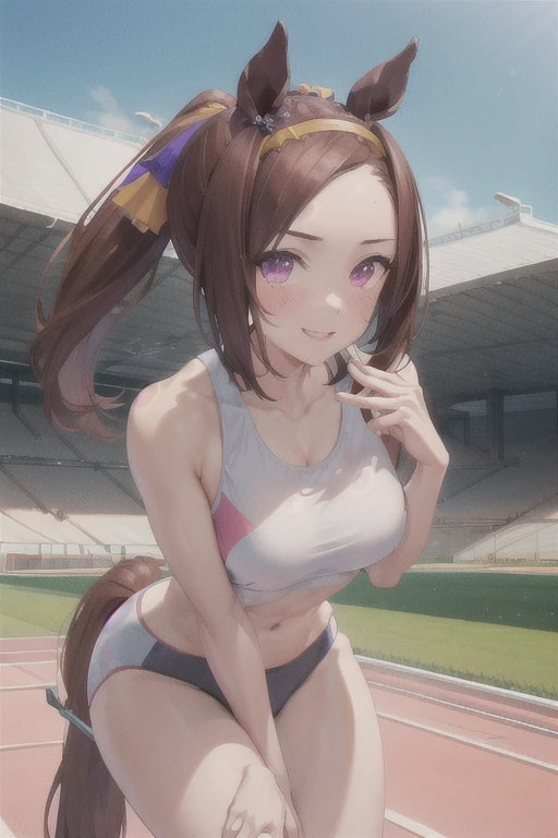 sakura bakushin o \(umamusme\), ((ultra-detailed face)), symmetrical face, beautiful face, (masterpiece), best quality, muscle, abs, horse tail, large tits, smile, athletics track, sports bra, hand between legs, stadium