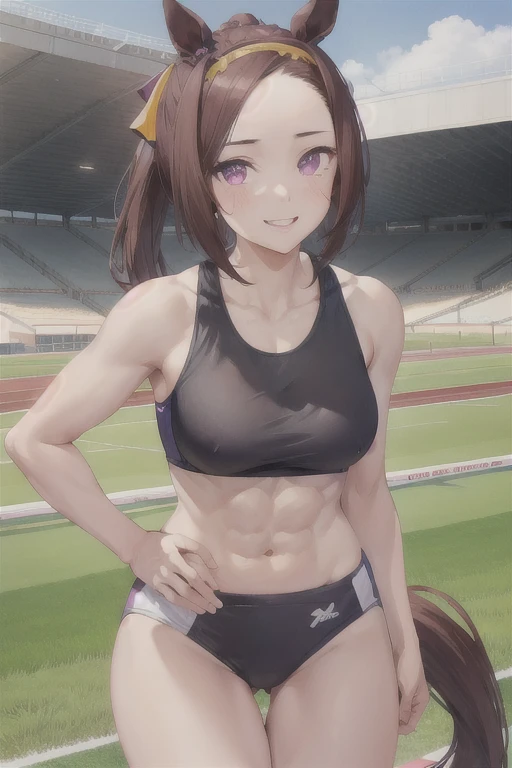 sakura bakushin o \(umamusme\), ((ultra-detailed face)), symmetrical face, beautiful face, (masterpiece), best quality, muscle, abs, horse tail, large tits, smile, athletics track, sports bra, hand between legs, stadium