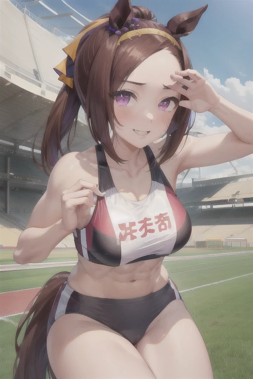 sakura bakushin o \(umamusme\), ((ultra-detailed face)), symmetrical face, beautiful face, (masterpiece), best quality, muscle, abs, horse tail, large tits, smile, athletics track, sports bra, hand between legs, stadium