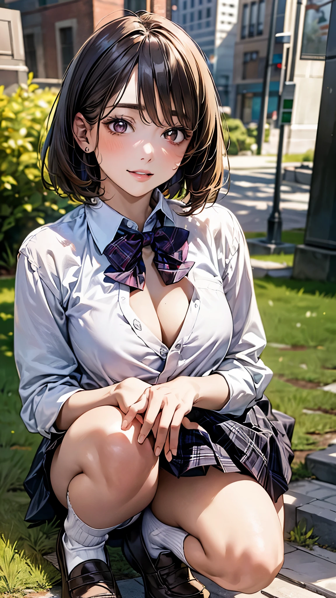 (masterpiece:1.3, top-quality, ultra high res, ultra detailed), (realistic, photorealistic:1.4), beautiful illustration, perfect lighting, natural lighting, colorful, depth of fields, surrealism, , 
beautiful detailed hair, beautiful detailed face, beautiful detailed eyes, beautiful clavicle, beautiful body, beautiful chest, beautiful thigh, beautiful legs, beautiful fingers, shiny skin, face, 
looking at viewer, (panty shot), 1 girl, japanese, high school girl, (perfect anatomy, anatomically correct, super detailed skin), cute and symmetrical face, perfect face, perfect eyes, 
(middle hair, bob cut, straight hair, copper tone hair), swept bangs, brown eyes, drooping eyes, big eyes, long eyelashes, (large breasts:1.2, seductive thighs), slender, outstanding style, 
((detailed cloth texture, white collared shirt, purple plaid pleated skirt, purple plaid bow tie), white panty, white socks, black loafer), 
(beautiful scenery), evening, (grassy), squatting, (seductive smile, upper eyes, parted lips),