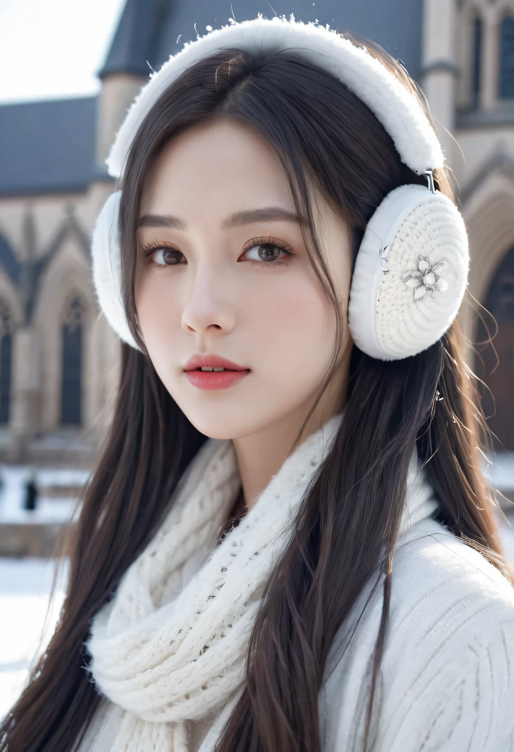 masterpiece, bestquality, ultradetailed, detailed face, 1girl, solo, long_hair, upper body, (looking at viewer:1.5), complex details,8K,(photorealistic:1.4) Perfect face, beautiful face, perfect eyes, beautiful eyes, very long hair, silver hair, white hairband, crystal earrings, cross necklace, winter, snowy day, White coat, big scarf, big earmuffs, Gothic church