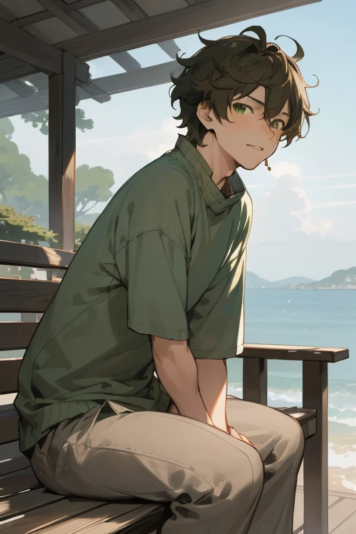 (Masterpiece: 1.2), Houtarou Oreki with piercing green eyes, comfortably seated on a weathered bench, enveloped in a cozy sweater and exhibiting a laid-back, bored expression. His extraordinary face is illustrated with hyper-realistic details, including expressive green eyes, a well-defined straight nose, and lips that subtly curl in a pensive smirk. The composition intently focuses on Houtarou's introspective demeanor, gazing out at the tranquil sea from a side angle. The 8K resolution offers an ultra-detailed representation of the enchanting scene, showcasing an unparalleled