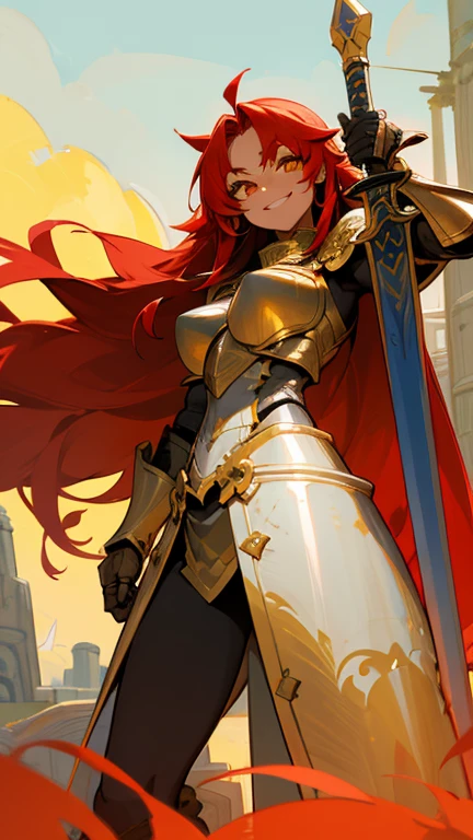 )tanned skin, well-built woman, long red hair, yellow eyes, silver armor with gold accents, moe fang, knight, bulky armor, smiling, squinted eyes, jovial expression, human, long silver sword, vibrant landscape, full plate armor, calm pose, scarred face