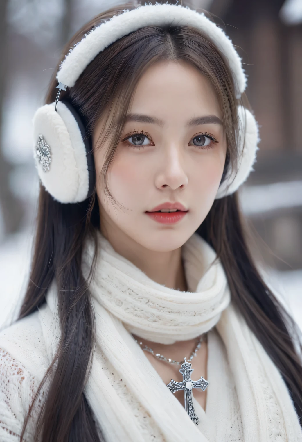 masterpiece, bestquality, ultradetailed, detailed face, 1girl, solo, long_hair, upper body, (looking at viewer:1.5), complex details,8K,(photorealistic:1.4) Perfect face, beautiful face, perfect eyes, beautiful eyes, very long hair, silver hair, white hairband, crystal earrings, cross necklace, winter, snowy day, White coat, big scarf, big earmuffs, Gothic church