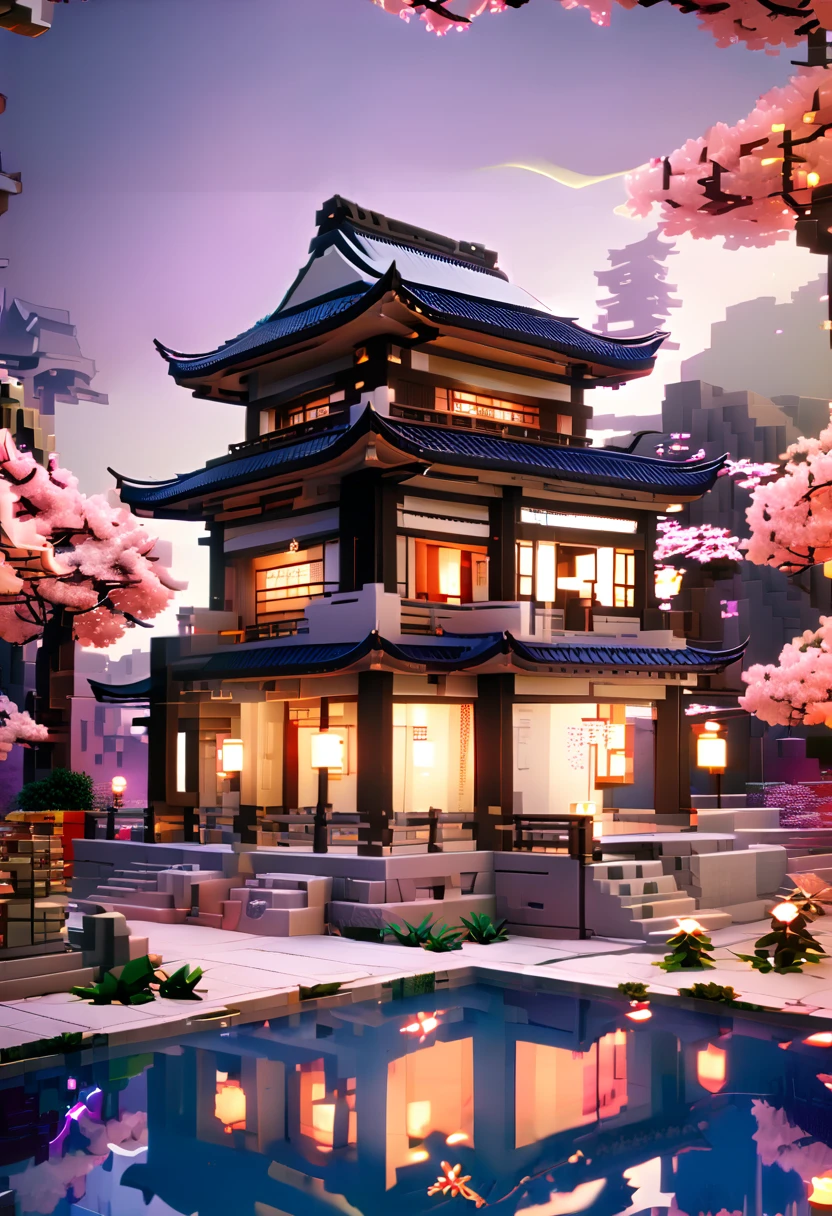 A japanese style house surrounded by cherry blossom 